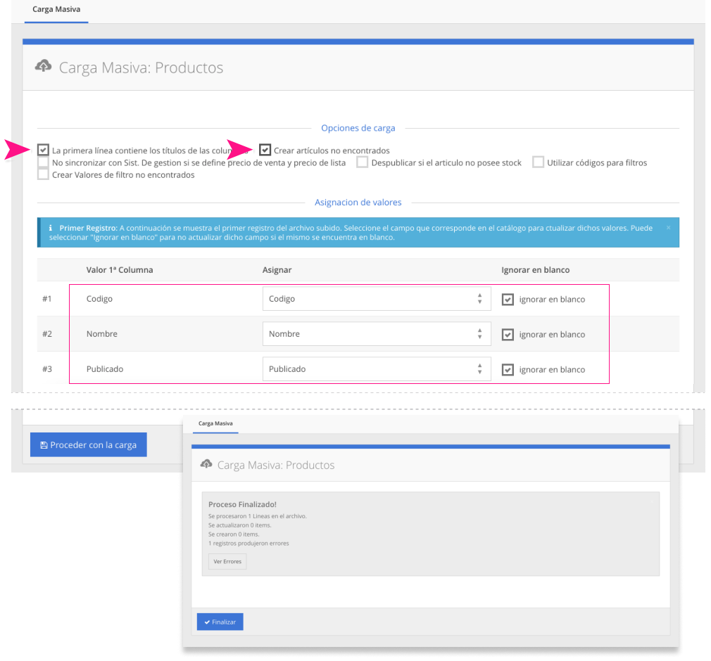 Configuración y mapeo de las columnas
