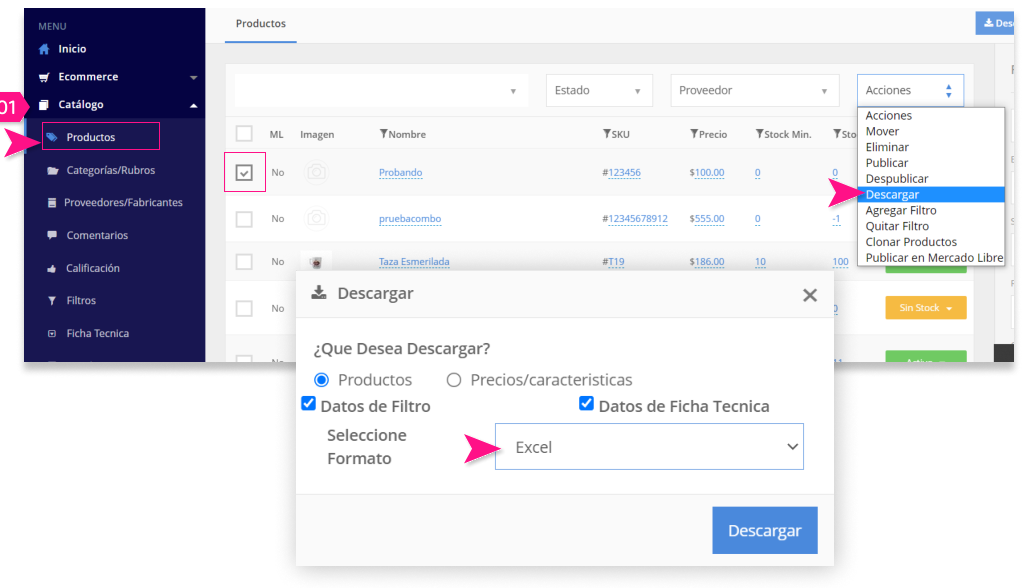 Descarga de productos desde catálogo